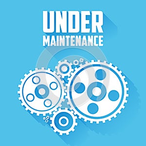 White Cogwheels on a blue background. Under maintenance website page message. Flat style with long shadows.