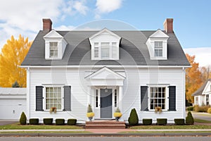 white colonial with black shutters and dormer windows