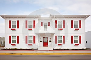 white colonial house, red door, twostory, symmetrical windows