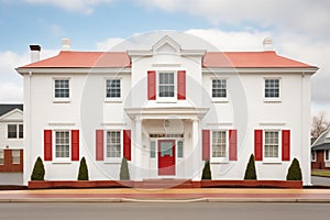 white colonial house, red door, twostory, symmetrical windows