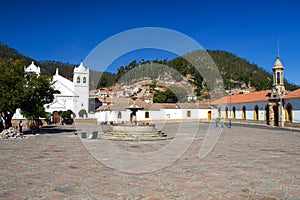 White colonial houses of La Recoleta at Plaza Pedro de Anzures square, Sucre, Bolivia South America