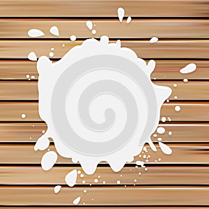 white color blotch vector logo. Milk logotype. Paint stain illustration on the wooden background.