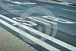 White color BUS stop sign painted on public asphalt road, Germany