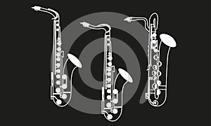 White color line drawings of outline Alto Saxophone, Tenor Saxophone and Baritone Saxophone musical instrument contour