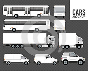 White color mockup group cars vehicles in gray background