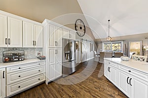 White color themed kitchen interior with hardwood floor