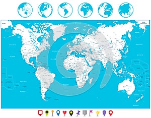 White color World Map and navigation icons highly detailed illus