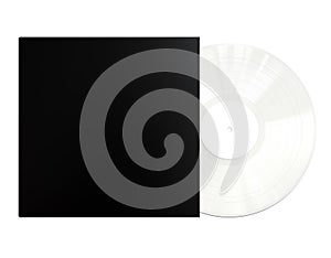 White Colored Vinyl Disc Mock Up. Vintage LP Vinyl Record with Black Cover Sleeve and White Label Isolated on White Background.