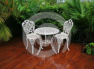 White colored wrought iron table and chairs in green garden terrace after the rain