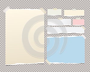White, colorful pastel ripped notebook paper sheets, note for text or message stuck with sticky tape on squared