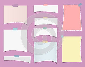 White, colorful ripped blank note, notebook paper strips for text or message stuck with sticky tape on violet background