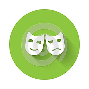 White Comedy and tragedy theatrical masks icon isolated with long shadow. Green circle button. Vector Illustration