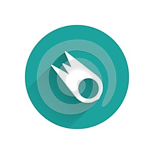 White Comet falling down fast icon isolated with long shadow. Green circle button. Vector