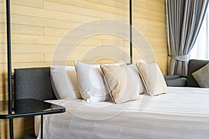 White comfortable pillow on bed decoration interior of bed room