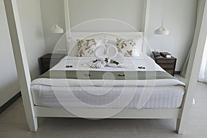 White comfy  bed in luxury hotel for rest in holidays