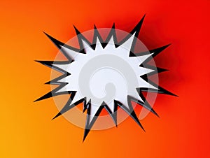 White comic book speech bubble explosion on red orange gradient background