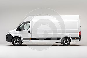 White commercial delivery van on a gray background. Side view, mockup