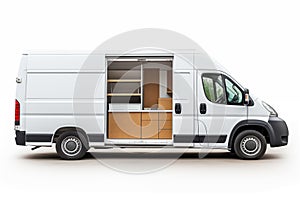 White commercial delivery van with open door on a white background. Close up mockup