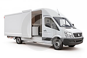 White commercial delivery van on a white background with shadow. Opened door. Side view, mockup