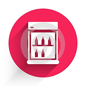 White Commercial refrigerator to store drinks icon isolated with long shadow. Perishables for store or supermarket. Red