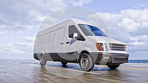 White Commercial Van on Coastline Road Motion Blurred Fisheye lens 3d Illustration