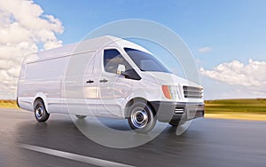 White Commercial Van on the Road Motion Blurred 3d Illustration