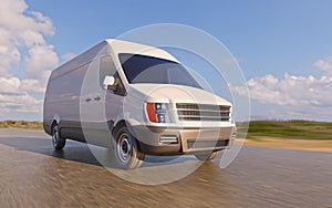 White Commercial Van on the Road Motion Blurred 3d Illustration