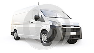 White commercial van for transporting small loads in the city on a white background. Blank body for your design. 3d