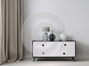 White commode with table lamp in bright minimalism interior style