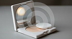 A compact makeup powder with a mirror and puff on a gray surface