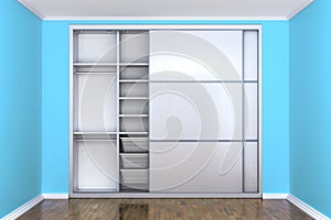 White compartment wardrobe with open doors in a room with blue walls. Wardrobe.