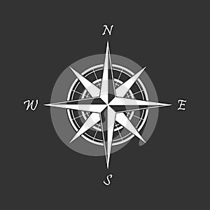 White compass icon on a black background. Marine navigation. Sign for adventure map