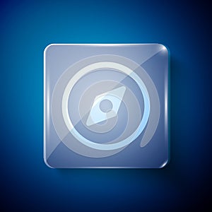 White Compass icon isolated on blue background. Windrose navigation symbol. Wind rose sign. Square glass panels. Vector