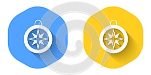 White Compass icon isolated with long shadow background. Windrose navigation symbol. Wind rose sign. Circle button