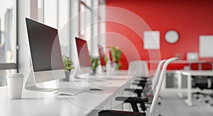 A white computer desk with a black chair and a white cup by AI generated image by AI generated image