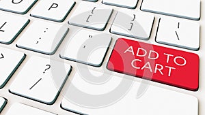 White computer keyboard and red add to cart key. Conceptual 3D rendering