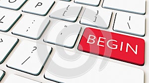 White computer keyboard and red begin key. Conceptual 3D rendering