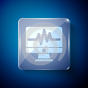 White Computer monitor with cardiogram icon isolated on blue background. Monitoring icon. ECG monitor with heart beat