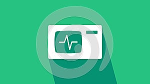 White Computer monitor with cardiogram icon isolated on green background. Monitoring icon. ECG monitor with heart beat