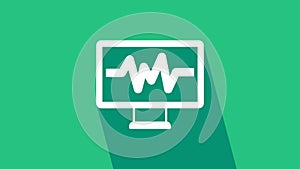 White Computer monitor with cardiogram icon isolated on green background. Monitoring icon. ECG monitor with heart beat