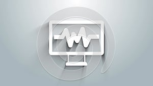 White Computer monitor with cardiogram icon isolated on grey background. Monitoring icon. ECG monitor with heart beat