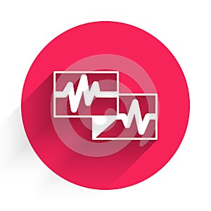 White Computer monitor with cardiogram icon isolated with long shadow. Monitoring icon. ECG monitor with heart beat hand