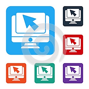 White Computer monitor and cursor icon isolated on white background. Computer notebook with empty screen sign. Set icons