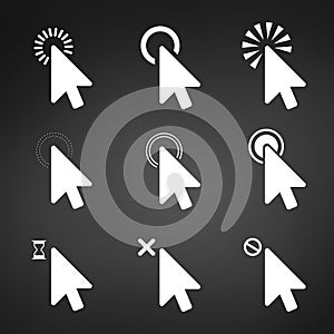 White Computer mouse click cursor arrow icons set. Vector illustration isolated on modern black background.