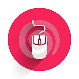 White Computer mouse icon isolated with long shadow. Optical with wheel symbol. Red circle button. Vector Illustration
