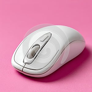 White computer mouse on a pink background.