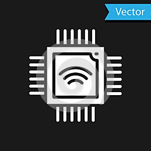 White Computer processor with microcircuits CPU icon isolated on black background. Chip or cpu with circuit board. Micro