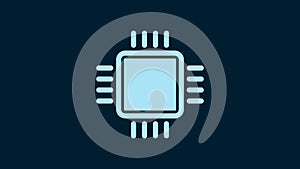 White Computer processor with microcircuits CPU icon isolated on blue background. Chip or cpu with circuit board. Micro