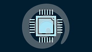 White Computer processor with microcircuits CPU icon isolated on blue background. Chip or cpu with circuit board. Micro