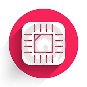 White Computer processor with microcircuits CPU icon isolated with long shadow background. Chip or cpu with circuit